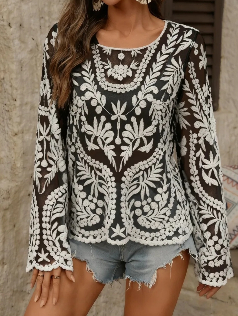 Embroidered Sheer Long-Sleeve Top in Black and White